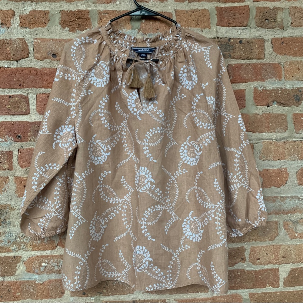 Lands End Womens Top M Line Blouse Peasant Floral Tan White Natural ruffle Tie